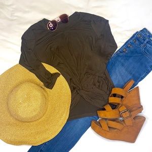 3/4 sleeve olive green knot front top